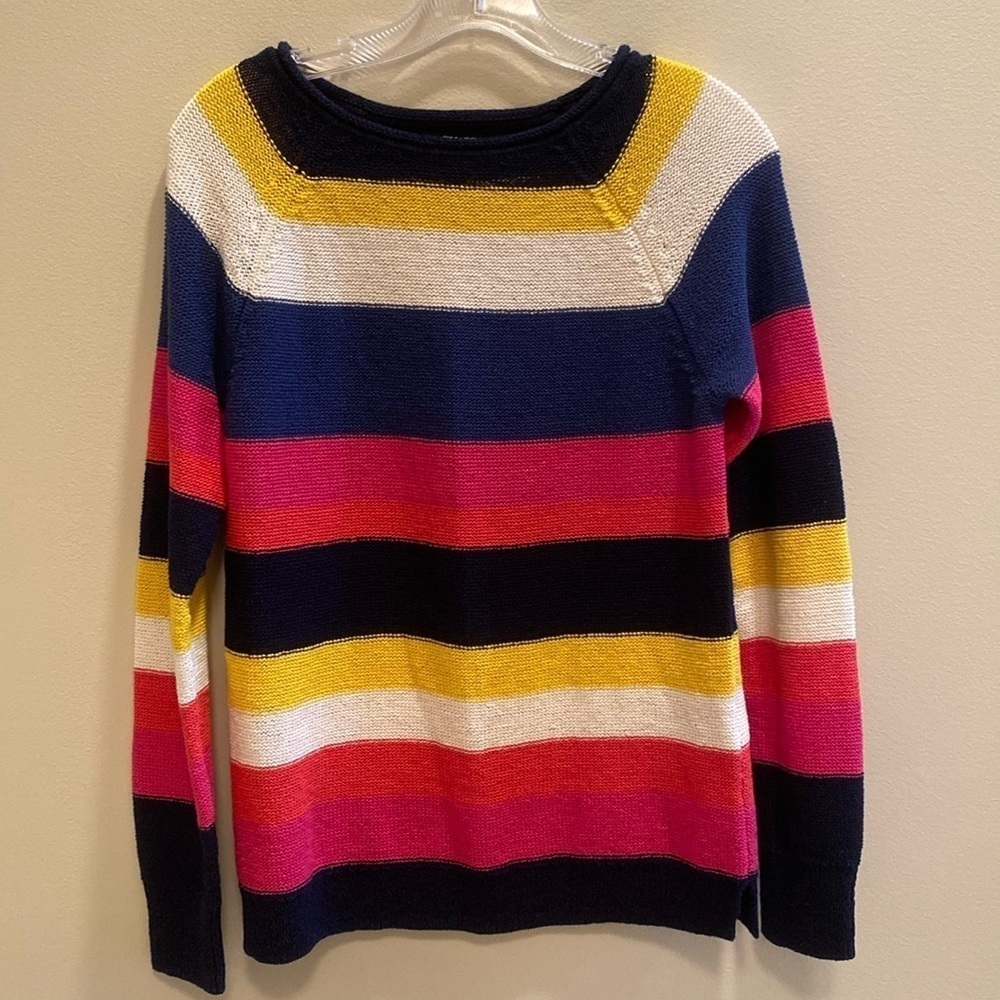 Chaps L/S Cotton Blend Bold Stripe Navy Yellow Pink Cream Knit Sweater SMALL